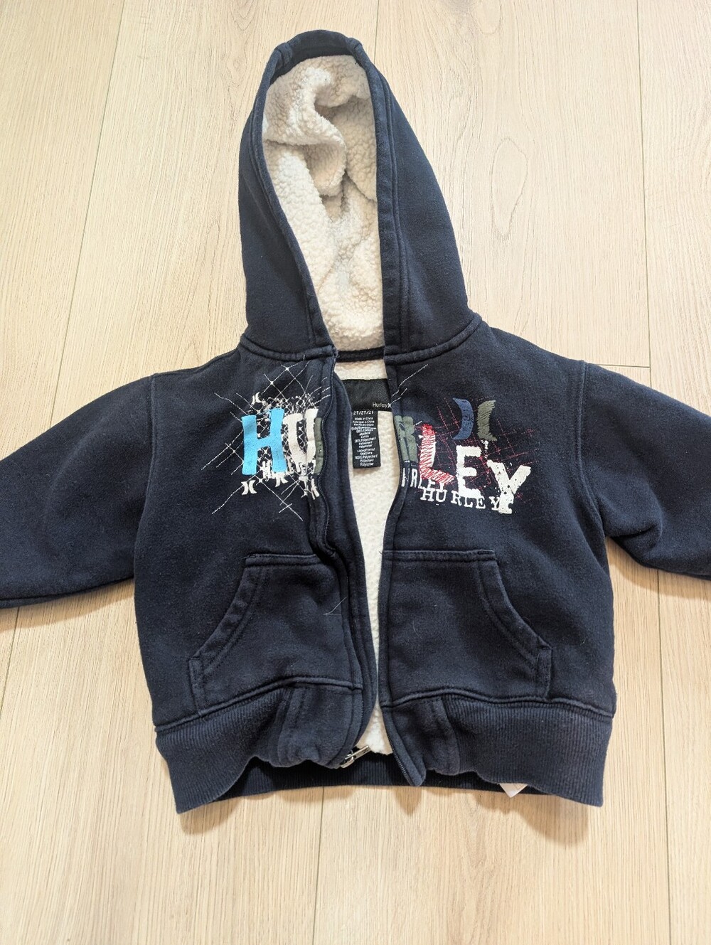Y2K Hurley Kids Navy Hooded Sherpa-Lined Zip Hoodie with Graphic 0198
